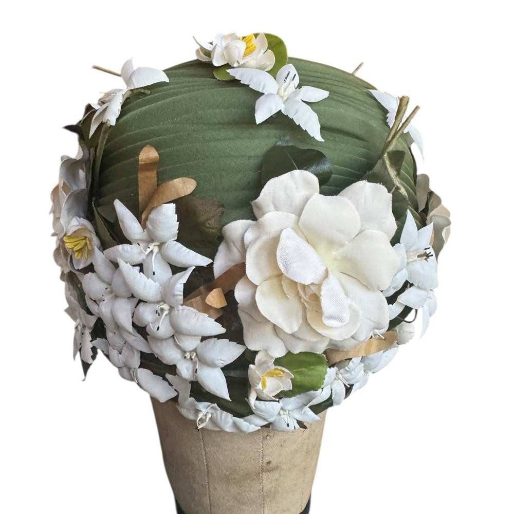 1950s/60s Floral Covered Close‎ Fitting Cap Fascinator Hat - Picture 4 of 6